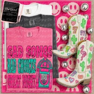 Pink Graphic Tee with Jukebox Design Sad Song Bad Choices Tshirt